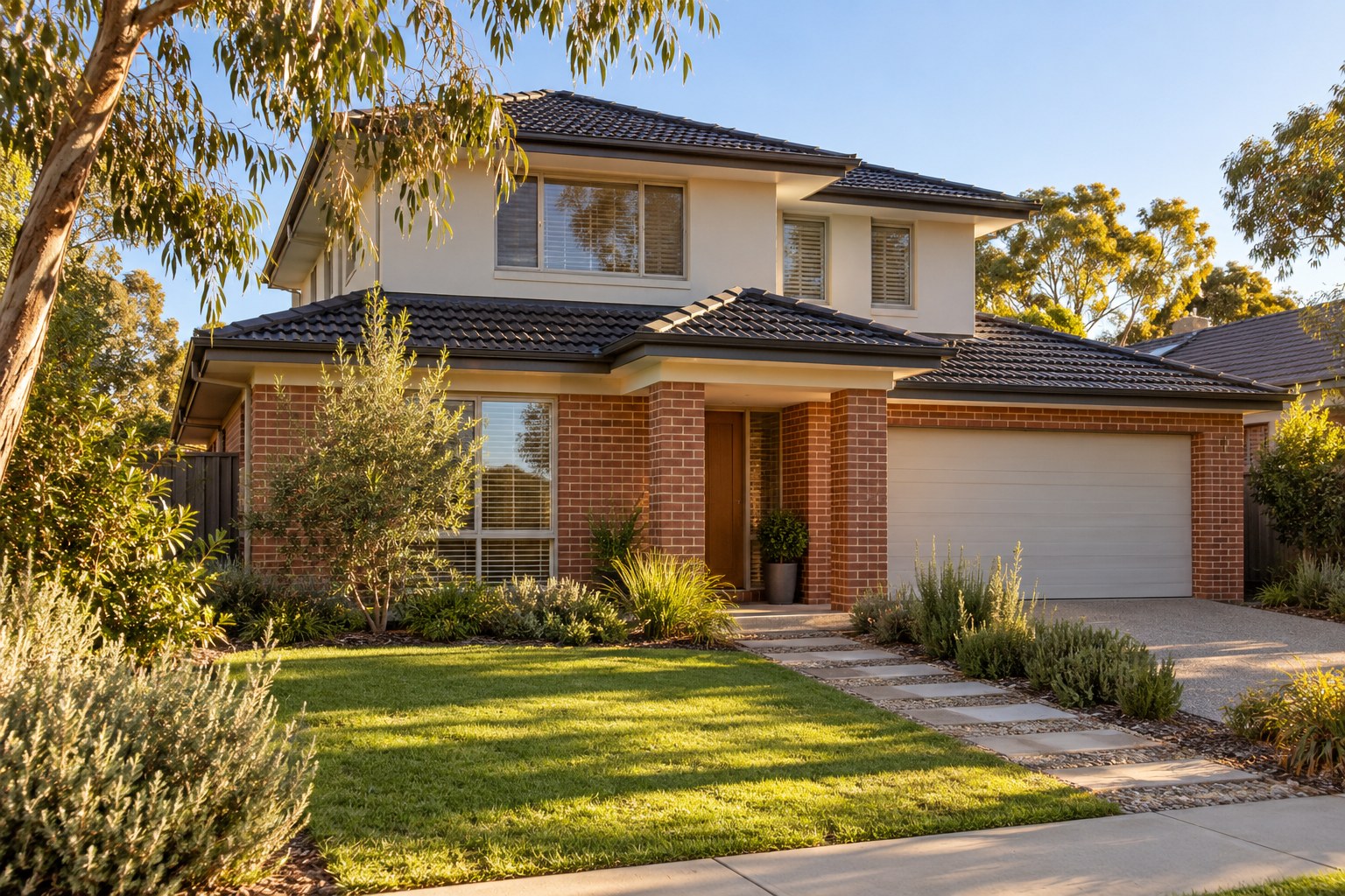 A welcoming brick home with a green front lawn and established trees